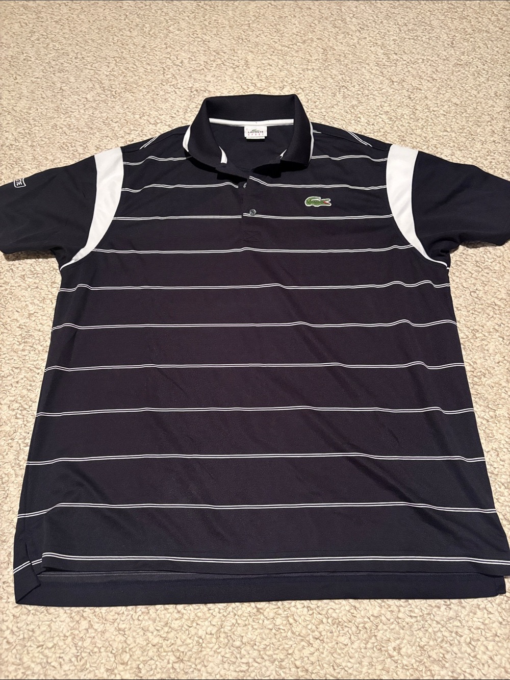 Lacoste Navy and White Stripe Polo with Green Croc